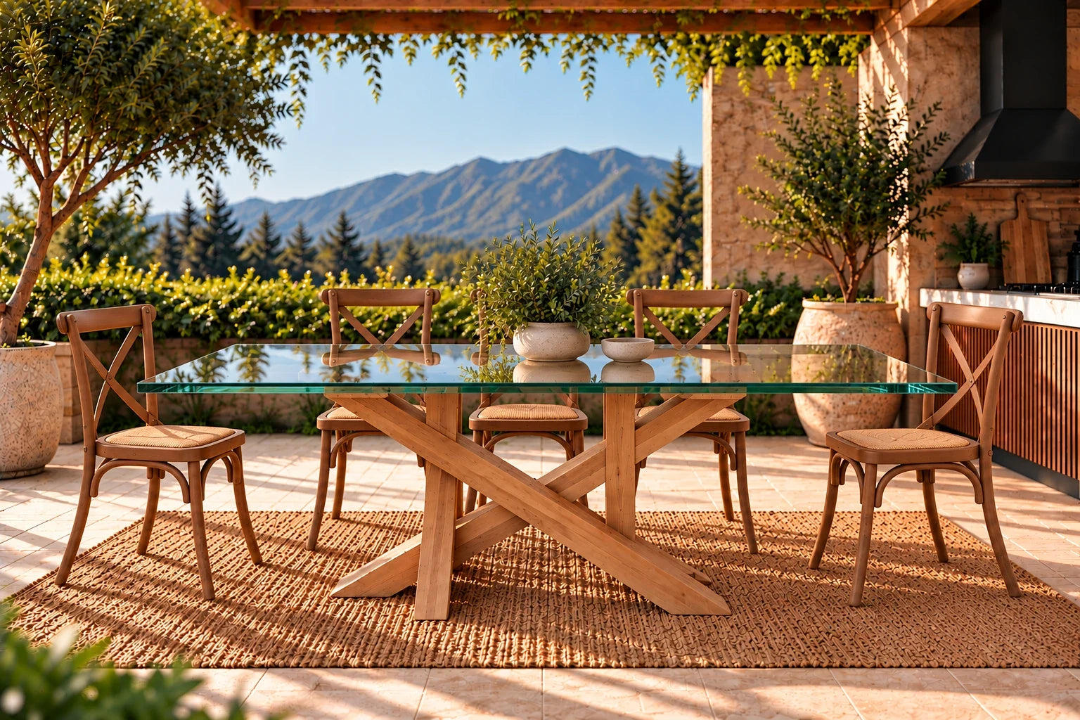 Comedor de terraza Da Vinci con cubierta de vidrio, base de lenga y 8 sillas Cruzeta café – imagen referencial